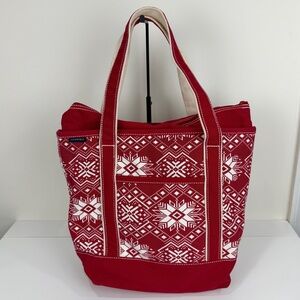 Lands’ End Red Nordic Canvas Tote Zip Top Holiday Core Bag